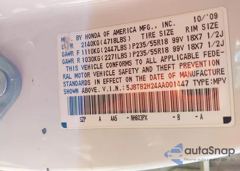 2010 Acura Rdx из США, поврежденный, VIN 5J8TB2H24AA001447